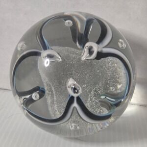 Vintage Poland 24% Lead Crystal Paperweight Black White Swirl Controlled Bubble